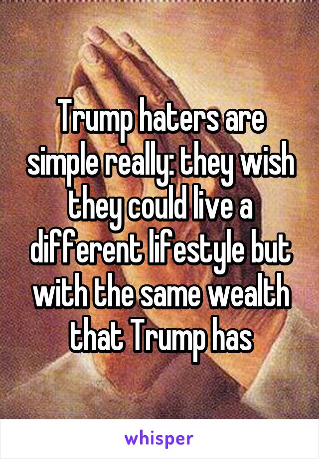 Trump haters are simple really: they wish they could live a different lifestyle but with the same wealth that Trump has