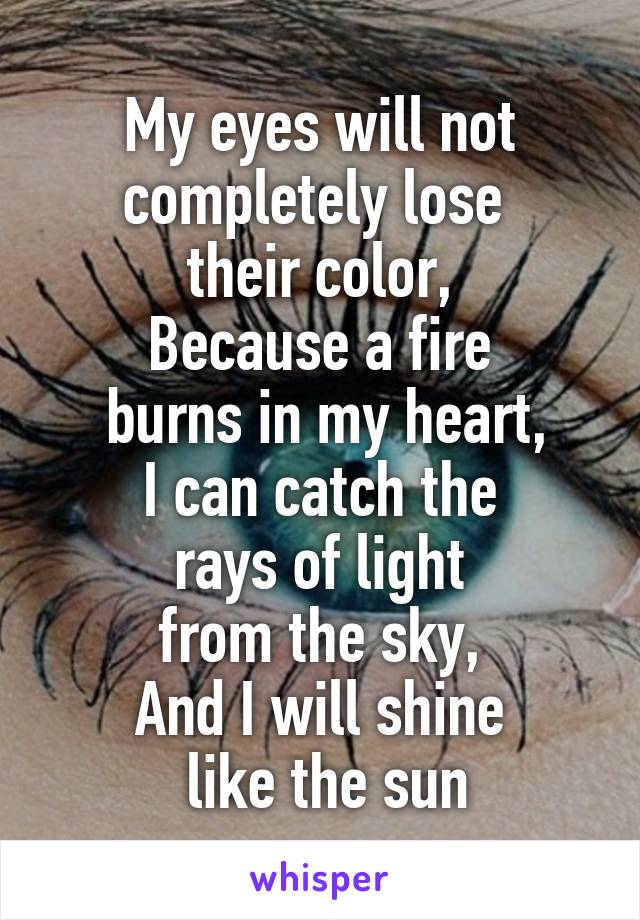 My eyes will not completely lose 
their color,
Because a fire
 burns in my heart,
I can catch the
 rays of light 
from the sky,
And I will shine
 like the sun
