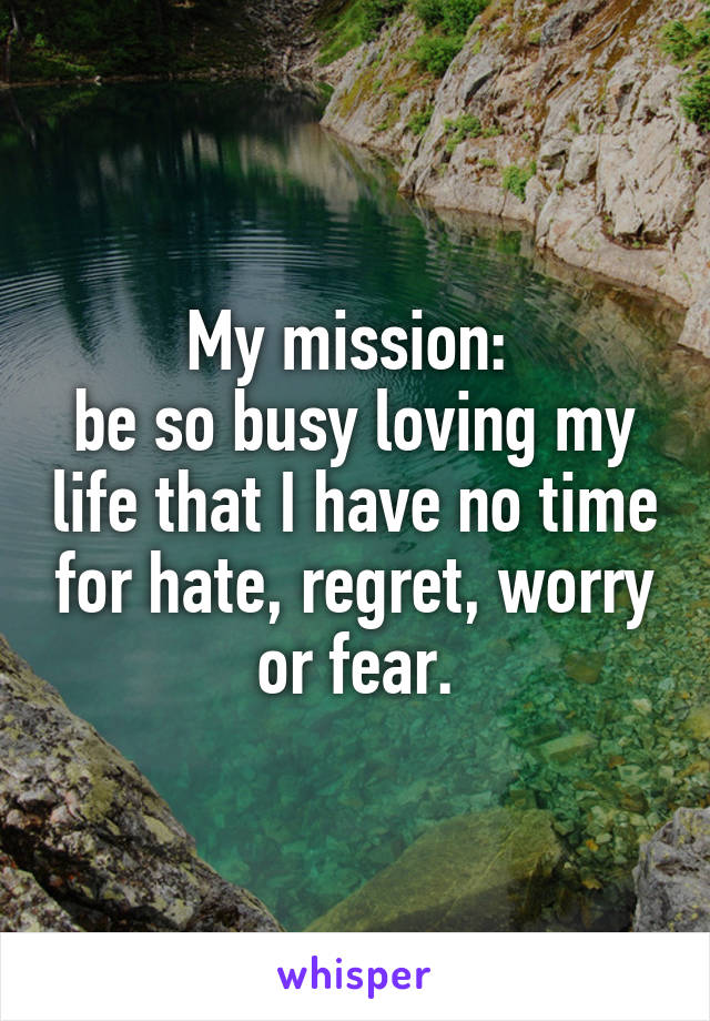 My mission: 
be so busy loving my life that I have no time for hate, regret, worry or fear.