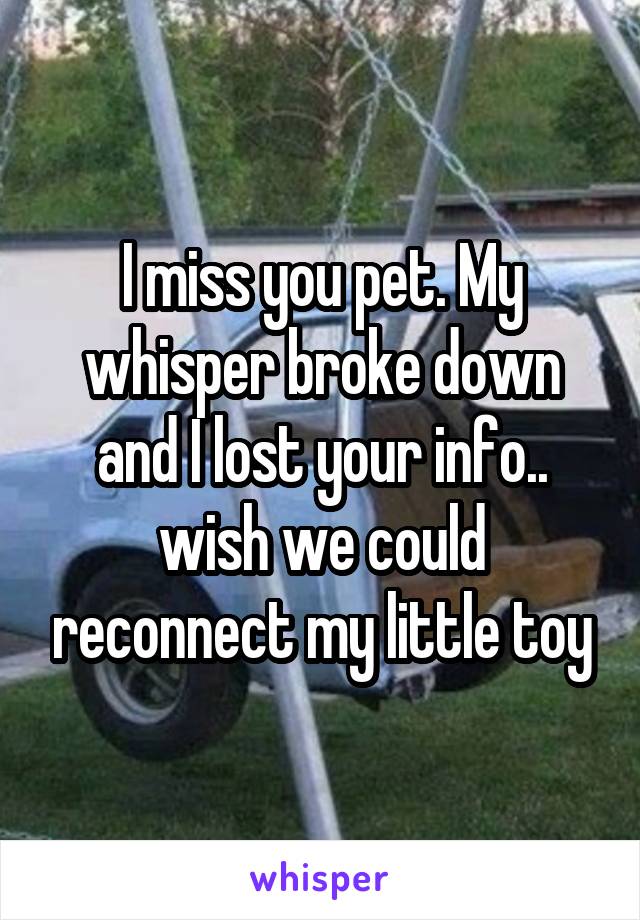 I miss you pet. My whisper broke down and I lost your info.. wish we could reconnect my little toy
