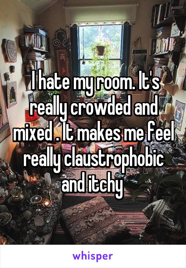  I hate my room. It's really crowded and mixed . It makes me feel really claustrophobic and itchy 