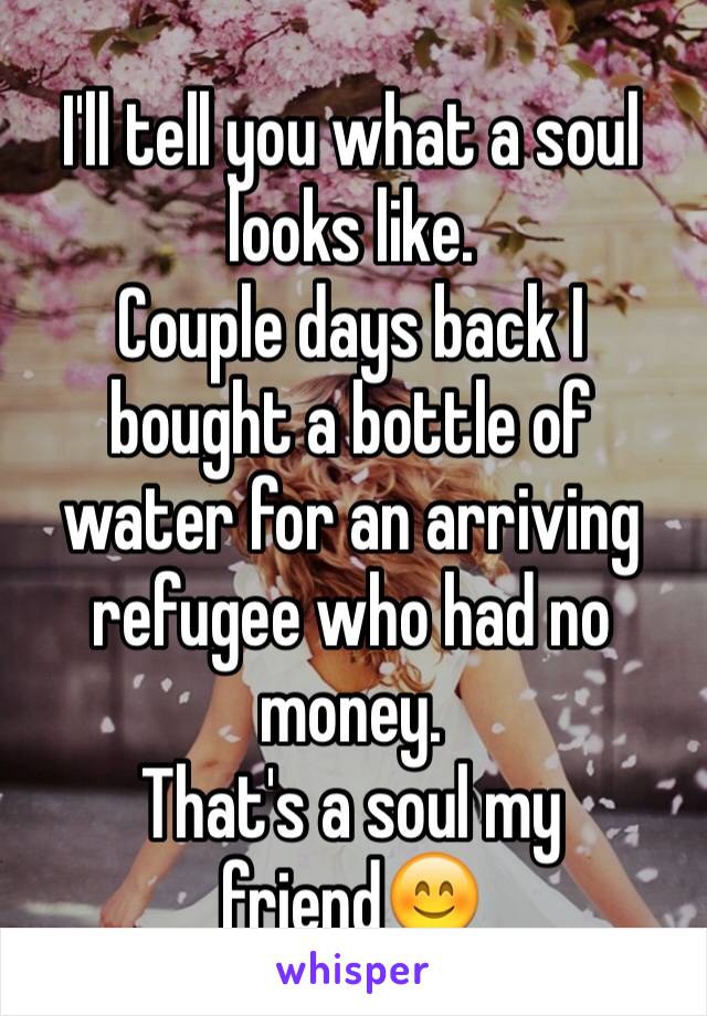 I'll tell you what a soul looks like.
Couple days back I bought a bottle of water for an arriving refugee who had no money.
That's a soul my friend😊