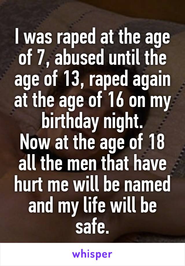 I was raped at the age of 7, abused until the age of 13, raped again at the age of 16 on my birthday night.
Now at the age of 18 all the men that have hurt me will be named and my life will be safe.