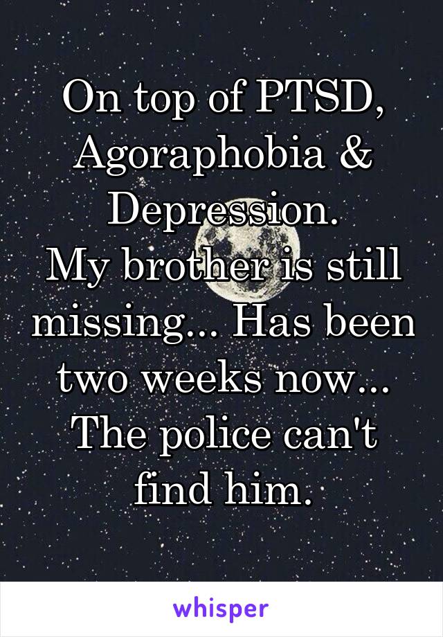 On top of PTSD, Agoraphobia & Depression.
My brother is still missing... Has been two weeks now... The police can't find him.
