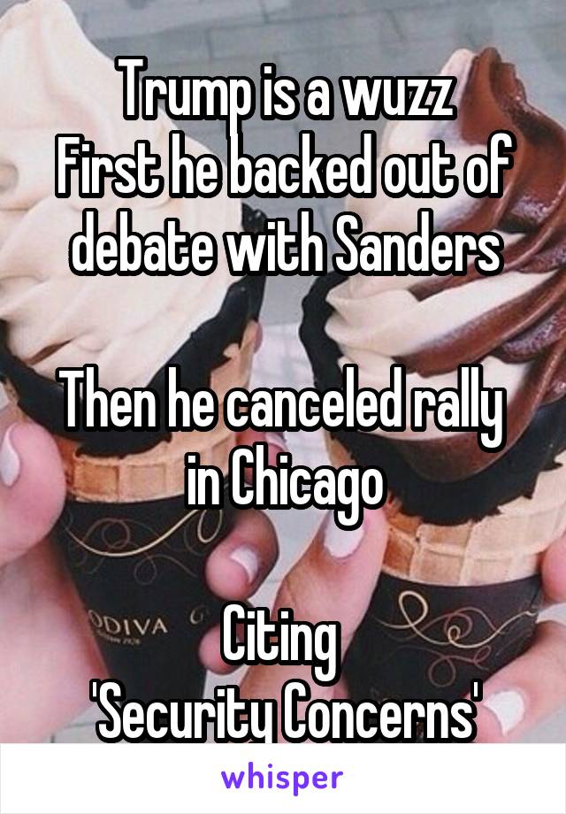Trump is a wuzz
First he backed out of
debate with Sanders

Then he canceled rally 
in Chicago

Citing 
'Security Concerns'
