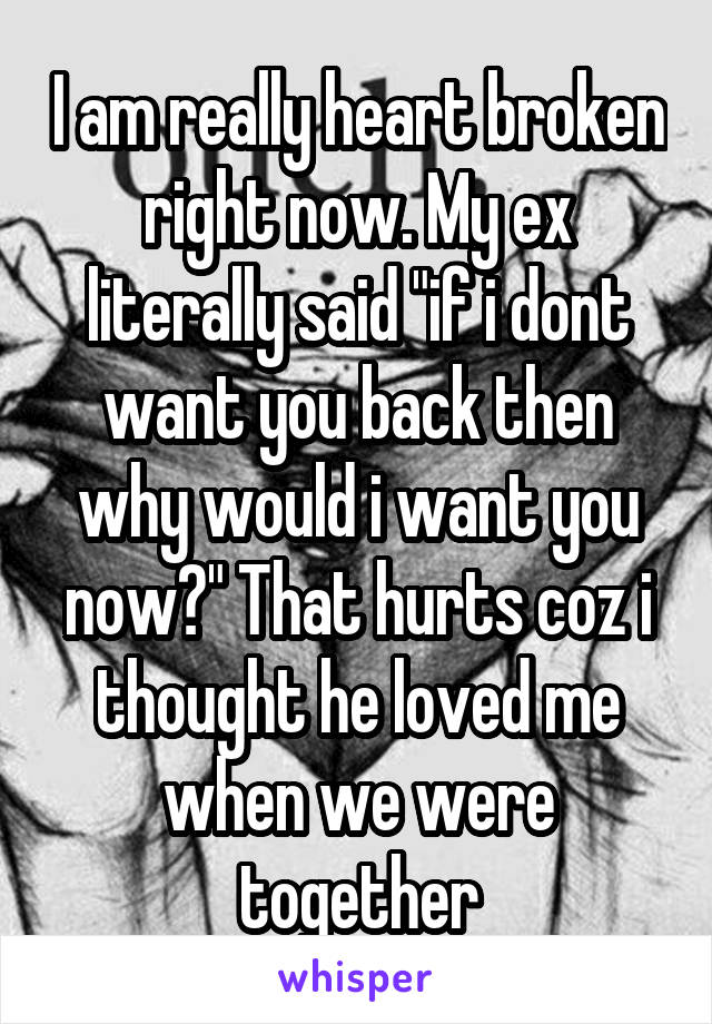 I am really heart broken right now. My ex literally said "if i dont want you back then why would i want you now?" That hurts coz i thought he loved me when we were together