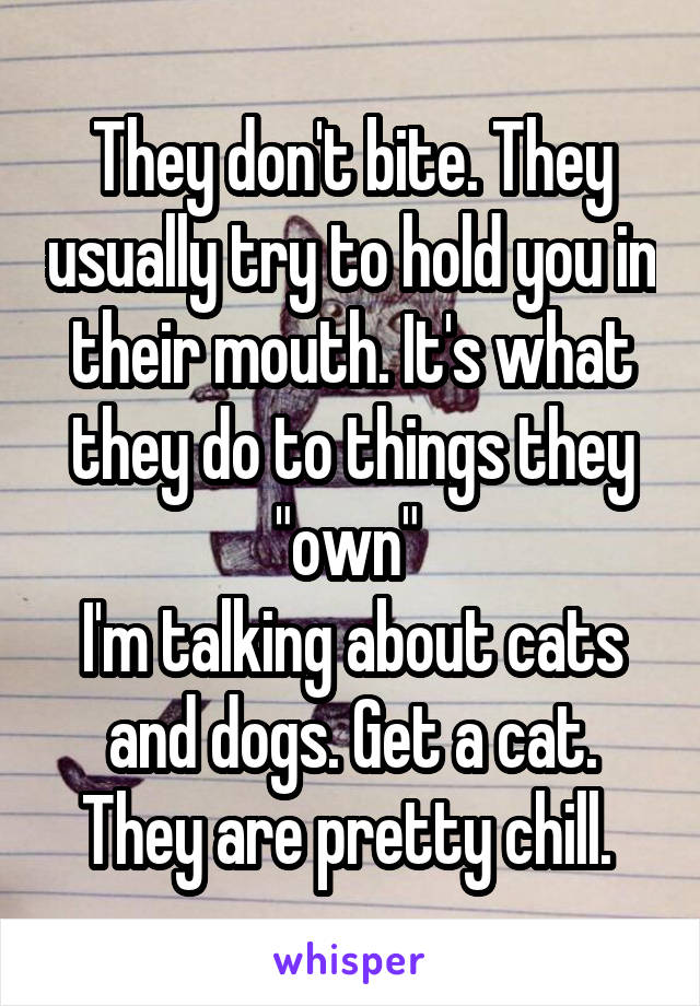 They don't bite. They usually try to hold you in their mouth. It's what they do to things they "own" 
I'm talking about cats and dogs. Get a cat. They are pretty chill. 
