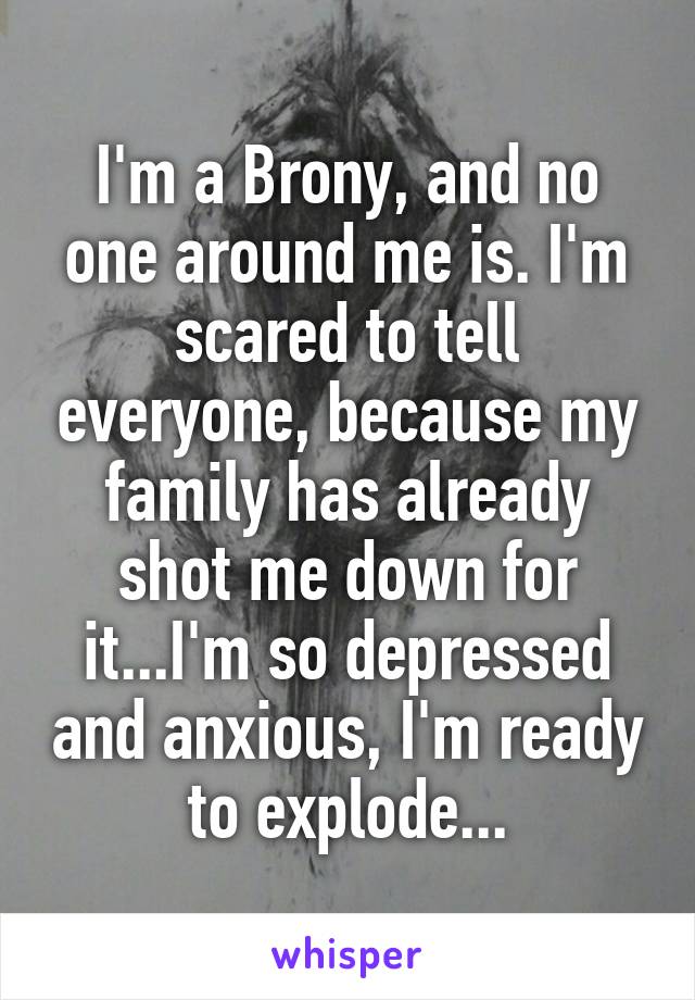 I'm a Brony, and no one around me is. I'm scared to tell everyone, because my family has already shot me down for it...I'm so depressed and anxious, I'm ready to explode...