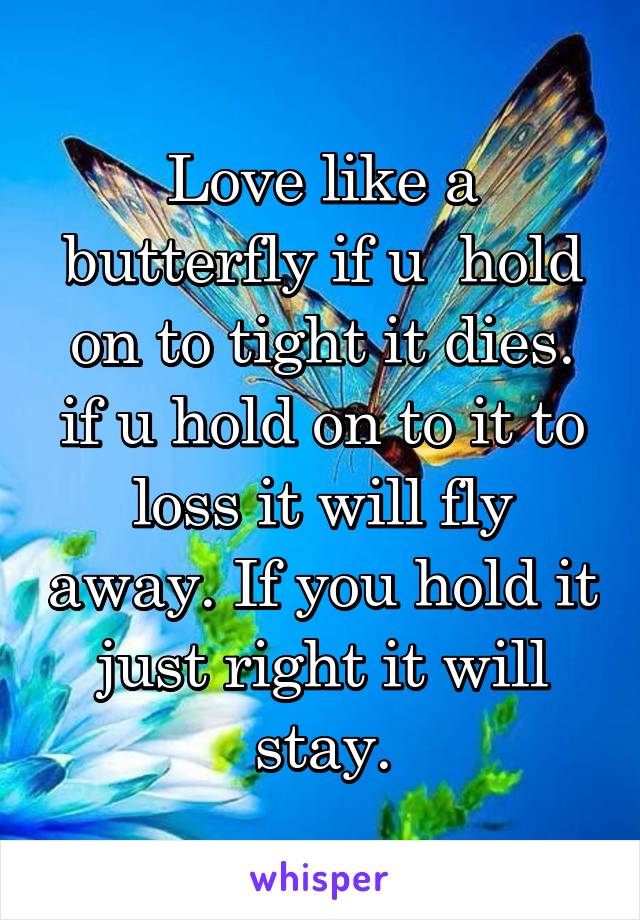 Love like a butterfly if u  hold on to tight it dies. if u hold on to it to loss it will fly away. If you hold it just right it will stay.