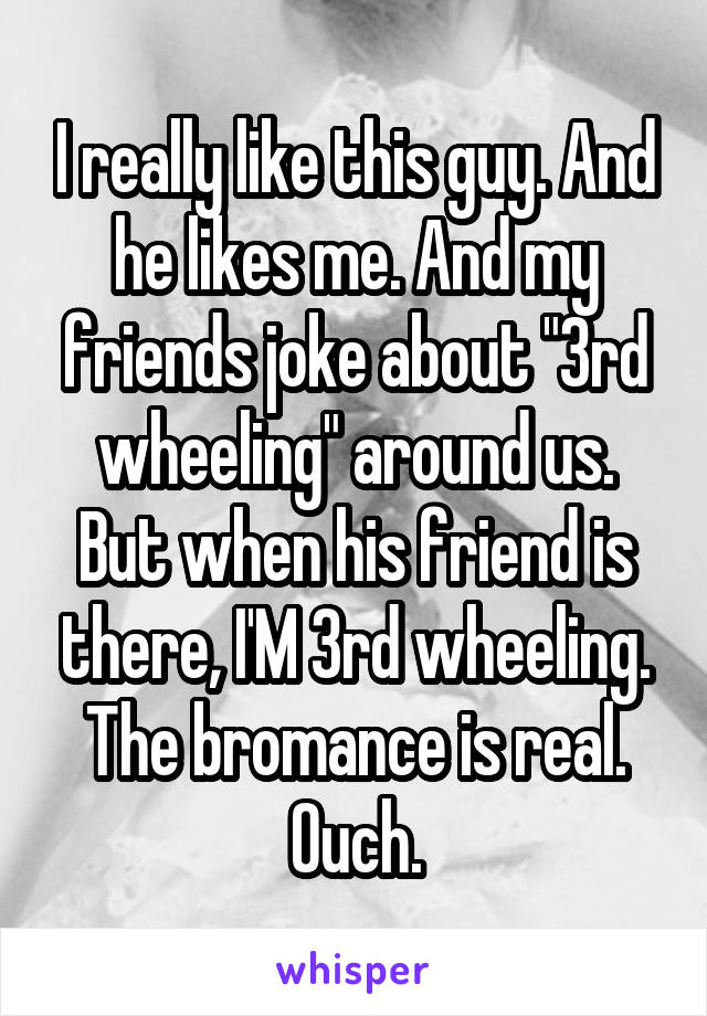 I really like this guy. And he likes me. And my friends joke about "3rd wheeling" around us. But when his friend is there, I'M 3rd wheeling. The bromance is real.
Ouch.