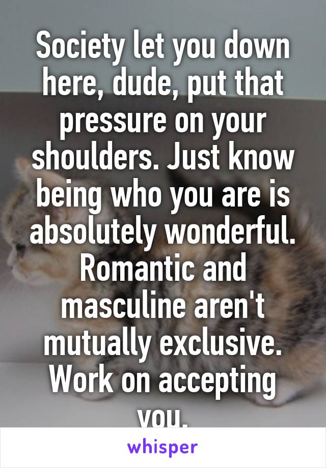 Society let you down here, dude, put that pressure on your shoulders. Just know being who you are is absolutely wonderful. Romantic and masculine aren't mutually exclusive. Work on accepting you.