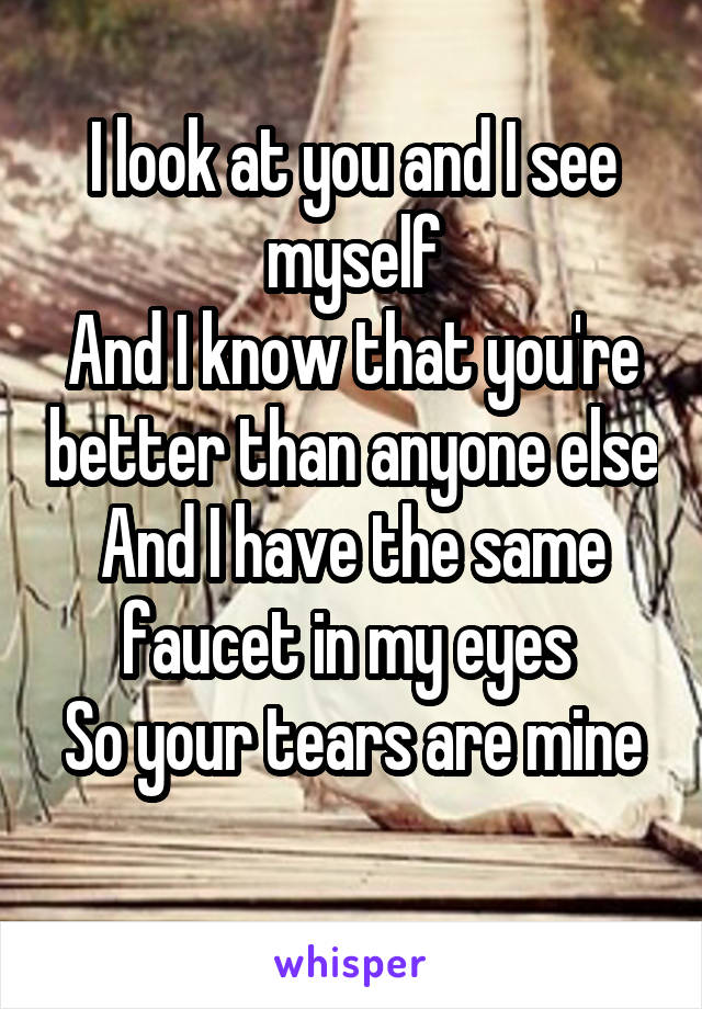 I look at you and I see myself
And I know that you're better than anyone else
And I have the same faucet in my eyes 
So your tears are mine 