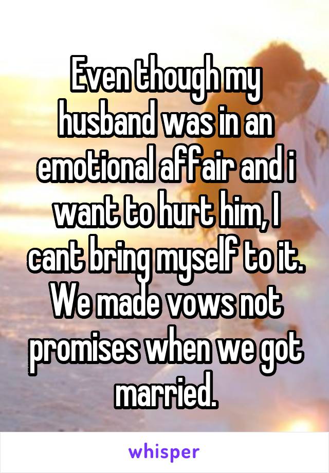 Even though my husband was in an emotional affair and i want to hurt him, I cant bring myself to it. We made vows not promises when we got married.