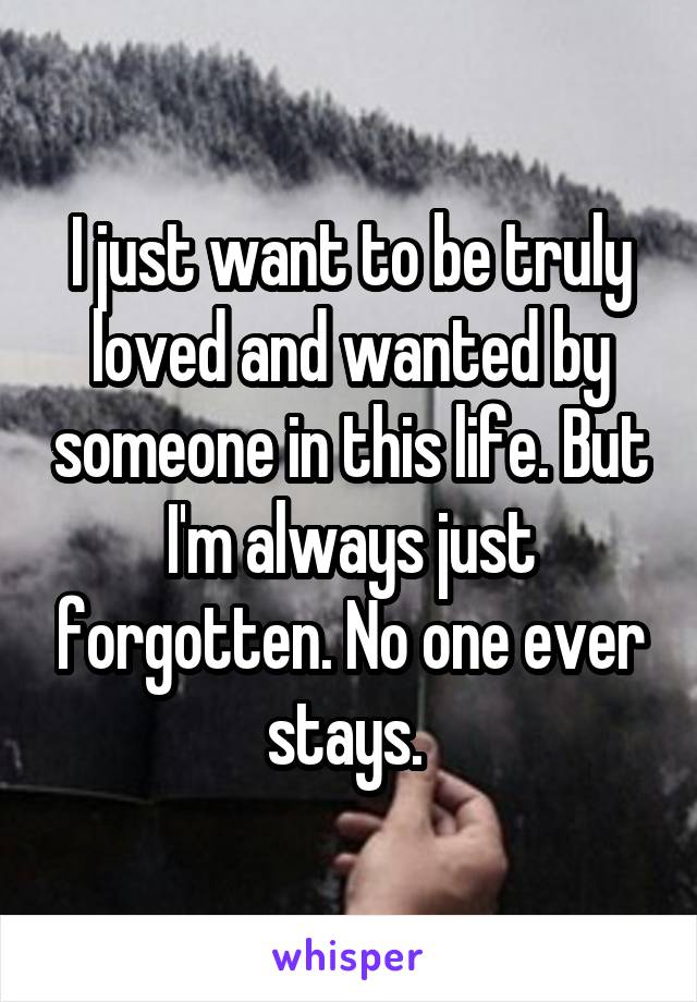 I just want to be truly loved and wanted by someone in this life. But I'm always just forgotten. No one ever stays. 