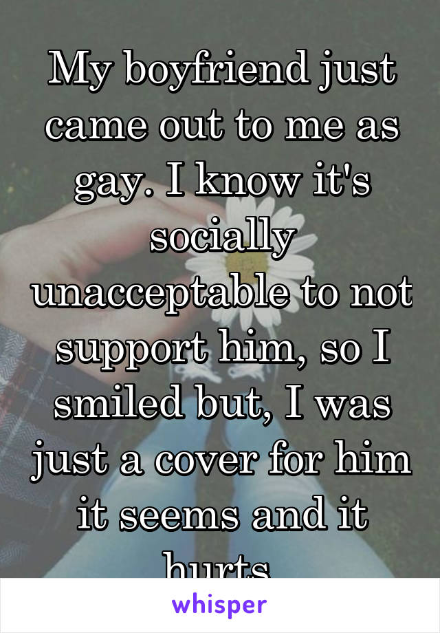 My boyfriend just came out to me as gay. I know it's socially unacceptable to not support him, so I smiled but, I was just a cover for him it seems and it hurts.