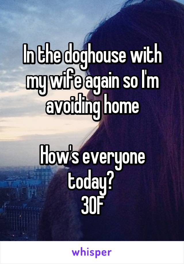 In the doghouse with my wife again so I'm avoiding home

How's everyone today? 
30F