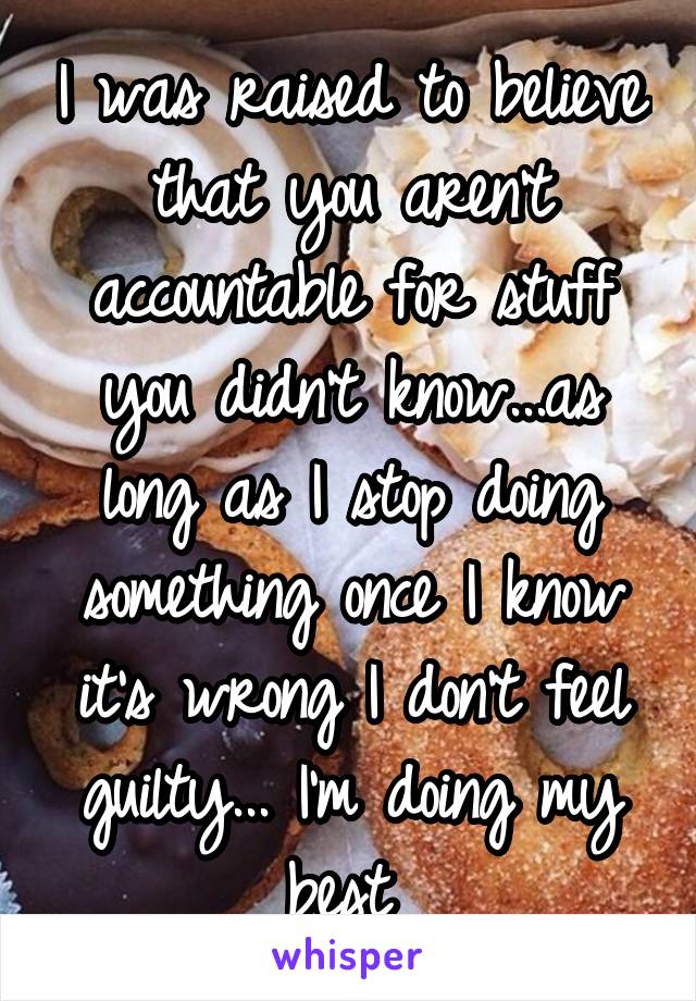 I was raised to believe that you aren't accountable for stuff you didn't know...as long as I stop doing something once I know it's wrong I don't feel guilty... I'm doing my best 