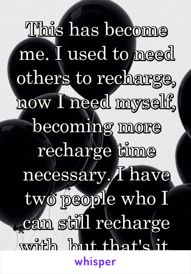 This has become me. I used to need others to recharge, now I need myself, becoming more recharge time necessary. I have two people who I can still recharge with, but that's it.