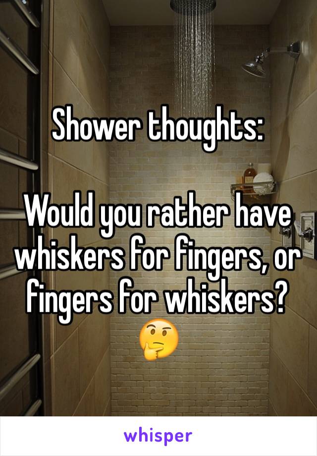 Shower thoughts:

Would you rather have whiskers for fingers, or fingers for whiskers? 🤔