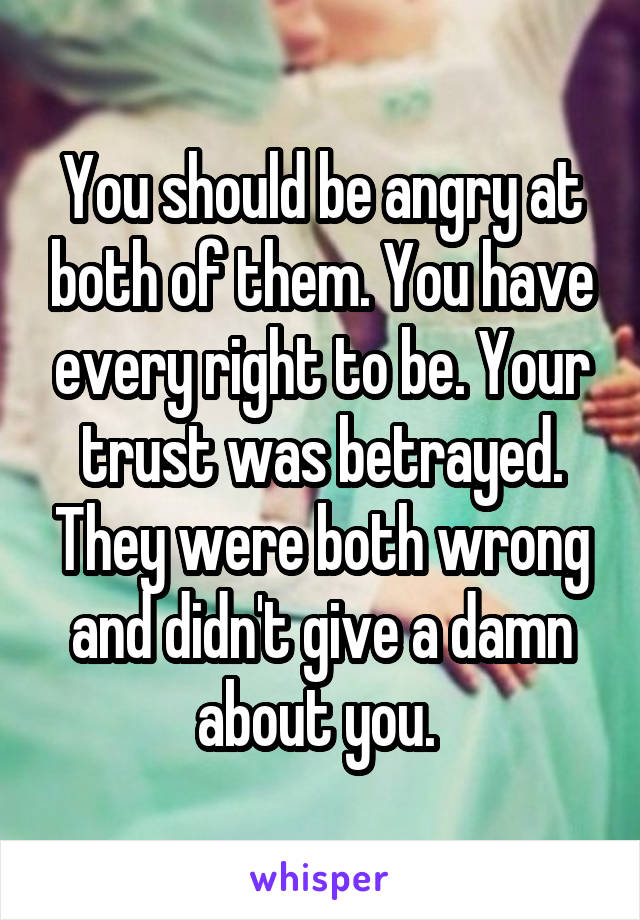 You should be angry at both of them. You have every right to be. Your trust was betrayed. They were both wrong and didn't give a damn about you. 