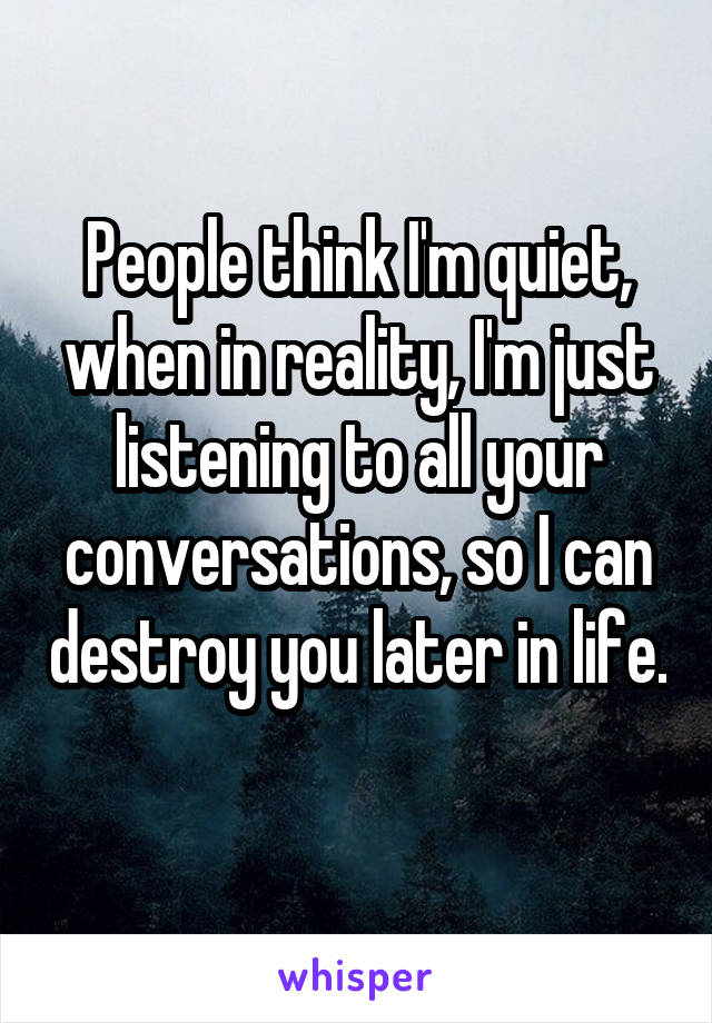 People think I'm quiet, when in reality, I'm just listening to all your conversations, so I can destroy you later in life. 