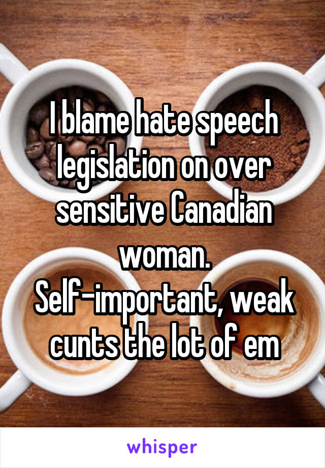 I blame hate speech legislation on over sensitive Canadian woman. Self-important, weak cunts the lot of em