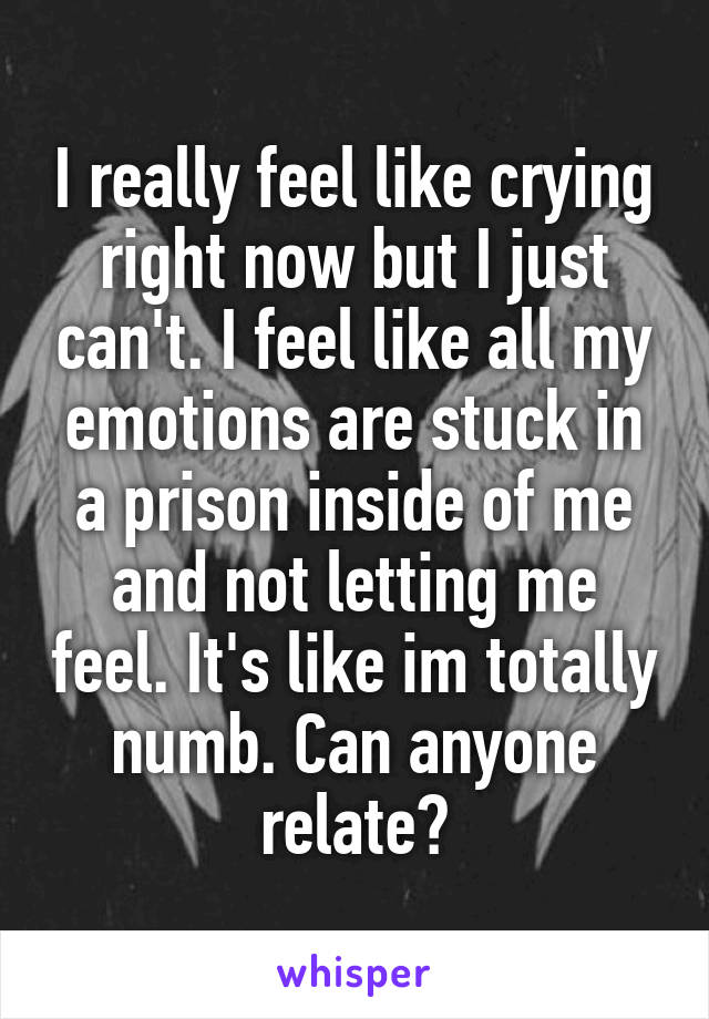 I really feel like crying right now but I just can't. I feel like all my emotions are stuck in a prison inside of me and not letting me feel. It's like im totally numb. Can anyone relate?