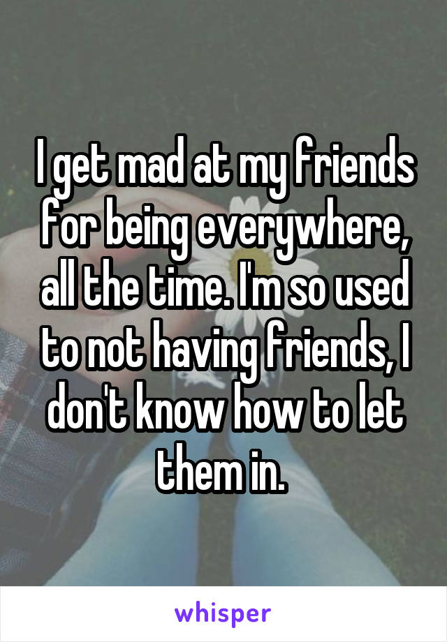 I get mad at my friends for being everywhere, all the time. I'm so used to not having friends, I don't know how to let them in. 