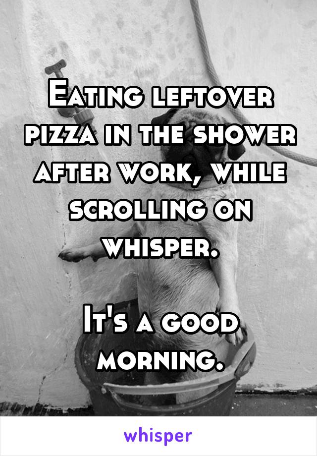 Eating leftover pizza in the shower after work, while scrolling on whisper.

It's a good morning.