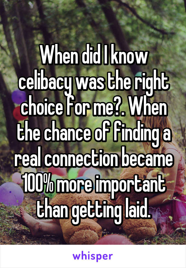 When did I know celibacy was the right choice for me?. When the chance of finding a real connection became 100% more important than getting laid.