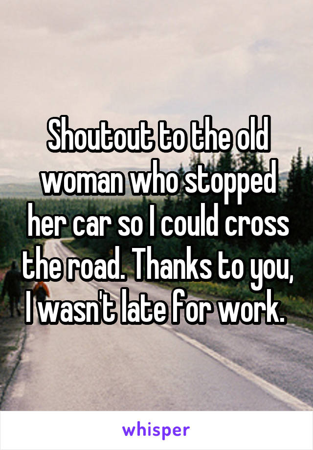 Shoutout to the old woman who stopped her car so I could cross the road. Thanks to you, I wasn't late for work. 