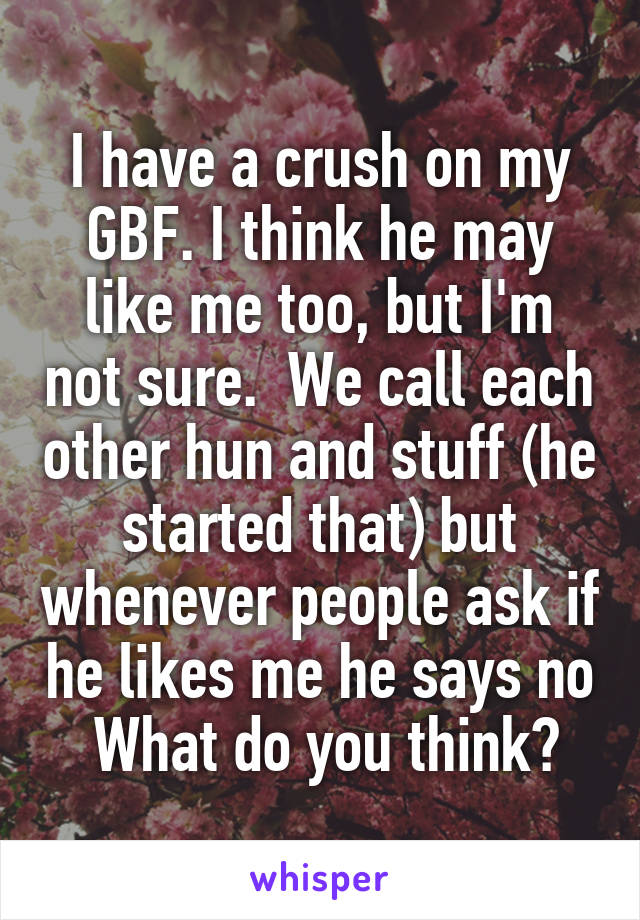 I have a crush on my GBF. I think he may like me too, but I'm not sure.  We call each other hun and stuff (he started that) but whenever people ask if he likes me he says no  What do you think?