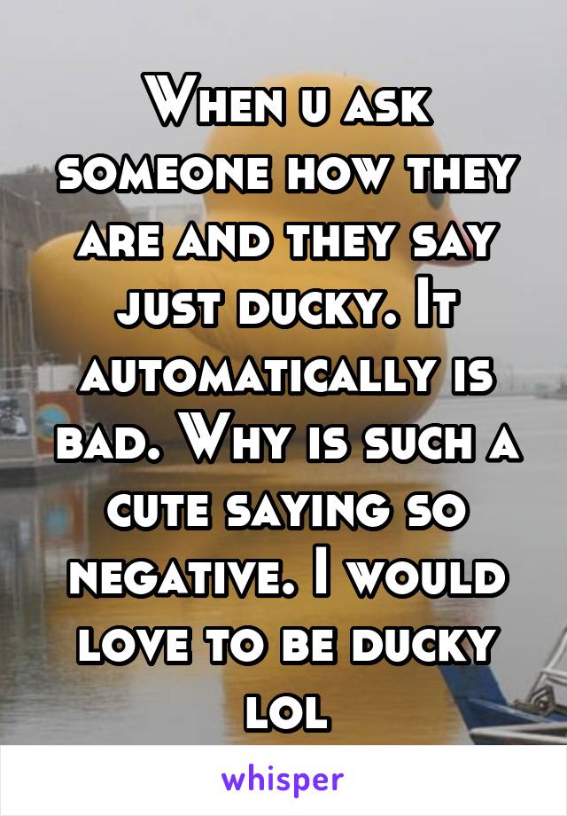 When u ask someone how they are and they say just ducky. It automatically is bad. Why is such a cute saying so negative. I would love to be ducky lol