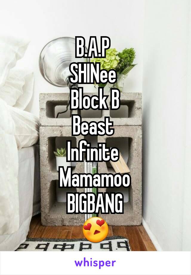 B.A.P 
SHINee 
Block B
Beast 
Infinite 
Mamamoo
BIGBANG
😍