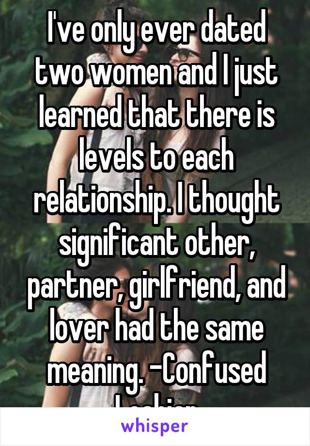 I've only ever dated two women and I just learned that there is levels to each relationship. I thought significant other, partner, girlfriend, and lover had the same meaning. -Confused Lesbian