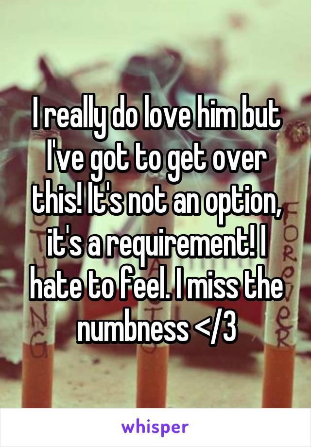 I really do love him but I've got to get over this! It's not an option, it's a requirement! I hate to feel. I miss the numbness </3