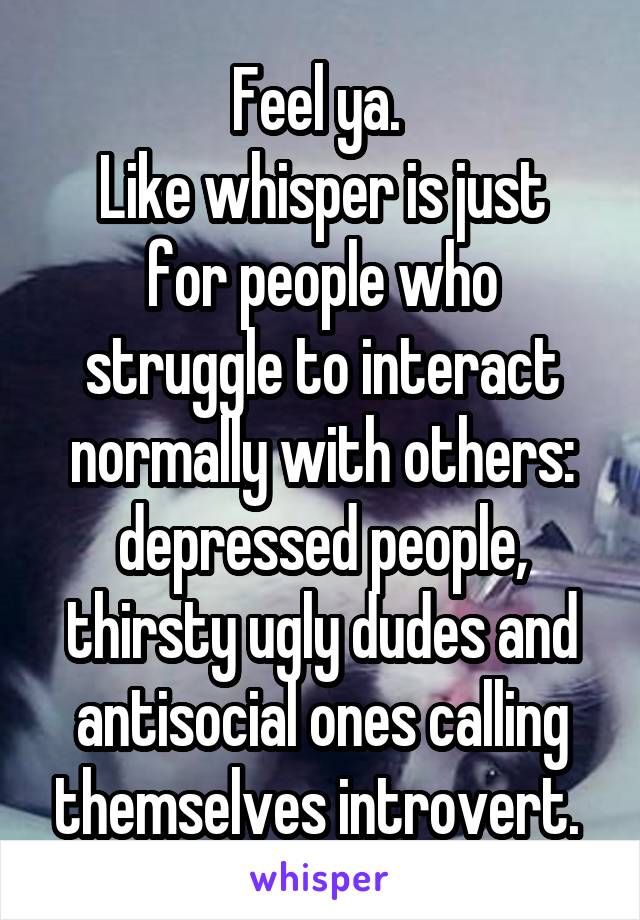 Feel ya. 
Like whisper is just for people who struggle to interact normally with others: depressed people, thirsty ugly dudes and antisocial ones calling themselves introvert. 