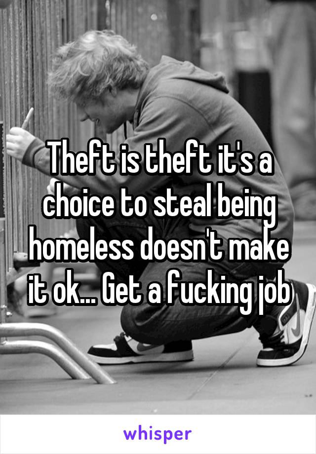Theft is theft it's a choice to steal being homeless doesn't make it ok... Get a fucking job