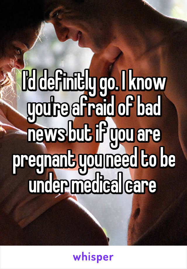 I'd definitly go. I know you're afraid of bad news but if you are pregnant you need to be under medical care 