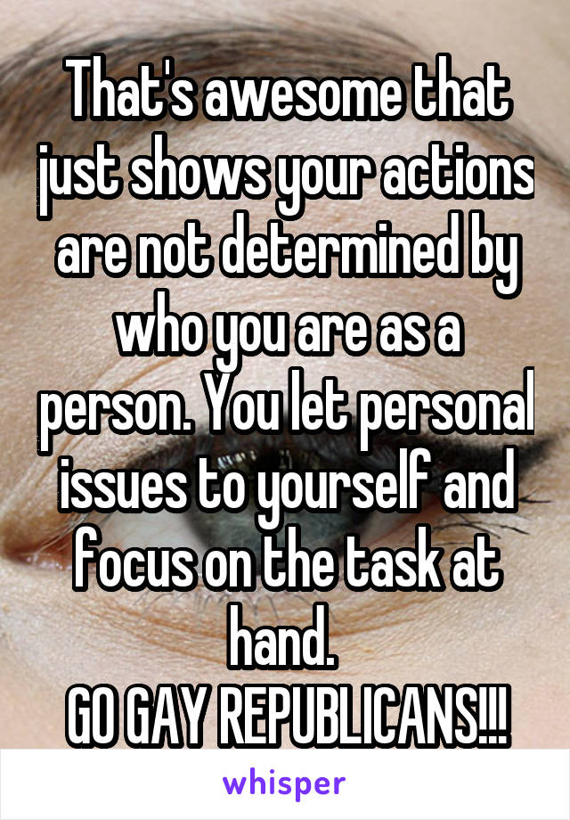 That's awesome that just shows your actions are not determined by who you are as a person. You let personal issues to yourself and focus on the task at hand. 
GO GAY REPUBLICANS!!!