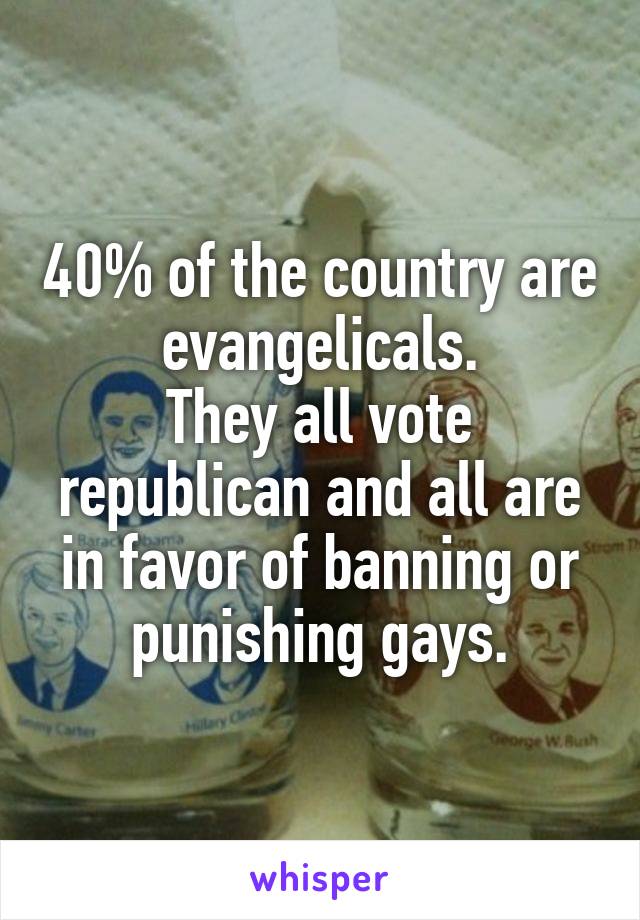 40% of the country are evangelicals.
They all vote republican and all are in favor of banning or punishing gays.