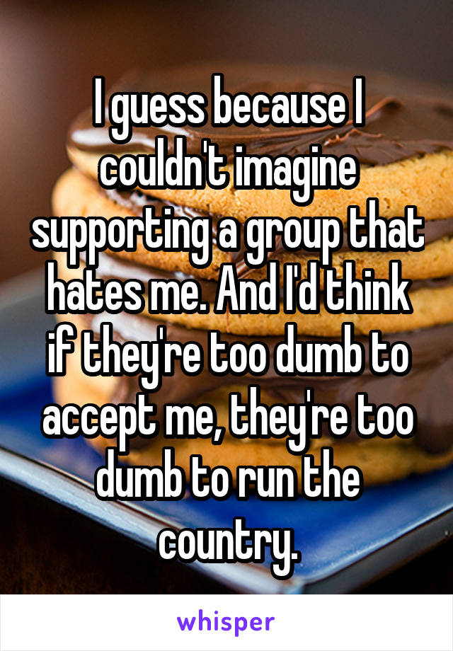 I guess because I couldn't imagine supporting a group that hates me. And I'd think if they're too dumb to accept me, they're too dumb to run the country.