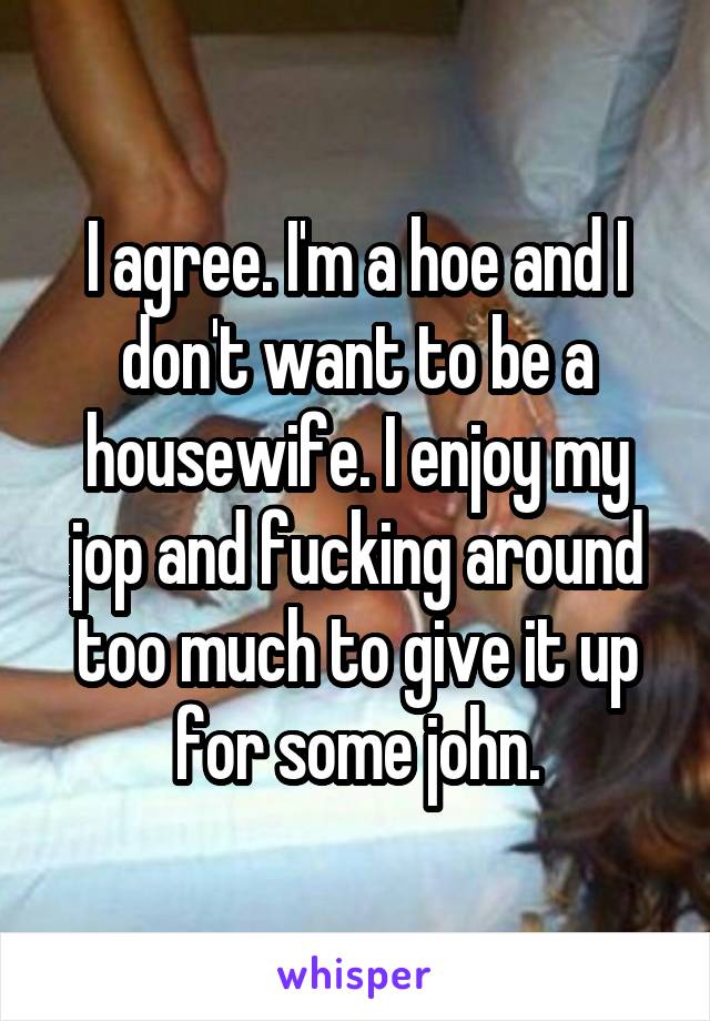 I agree. I'm a hoe and I don't want to be a housewife. I enjoy my jop and fucking around too much to give it up for some john.
