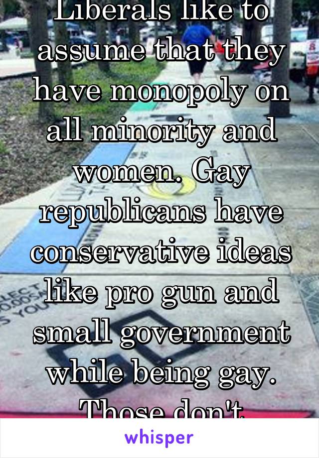 Liberals like to assume that they have monopoly on all minority and women. Gay republicans have conservative ideas like pro gun and small government while being gay. Those don't contradict.  