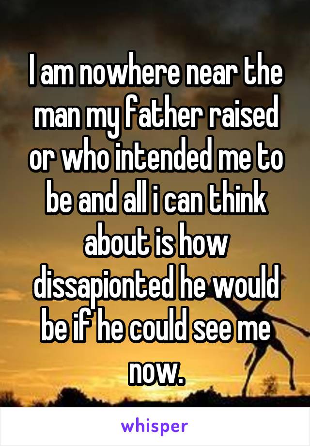 I am nowhere near the man my father raised or who intended me to be and all i can think about is how dissapionted he would be if he could see me now.