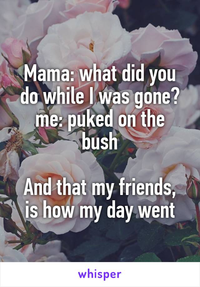 Mama: what did you do while I was gone?
me: puked on the bush

And that my friends, is how my day went