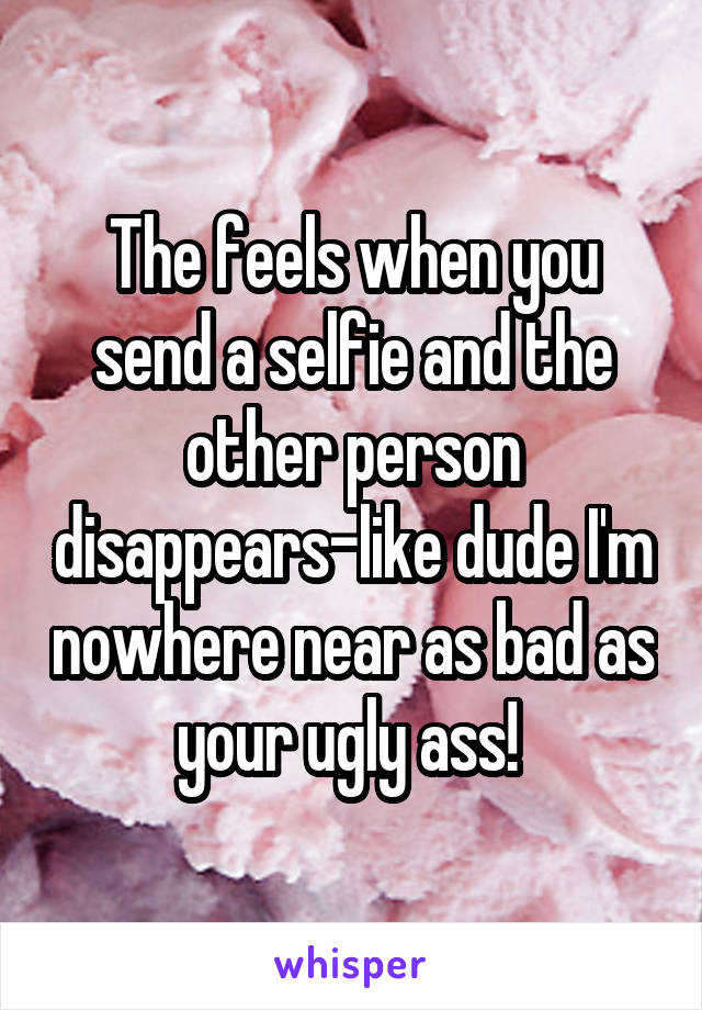 The feels when you send a selfie and the other person disappears-like dude I'm nowhere near as bad as your ugly ass! 