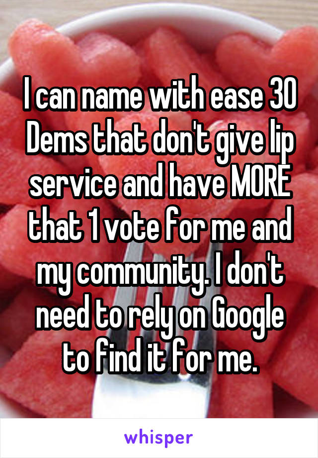 I can name with ease 30 Dems that don't give lip service and have MORE that 1 vote for me and my community. I don't need to rely on Google to find it for me.