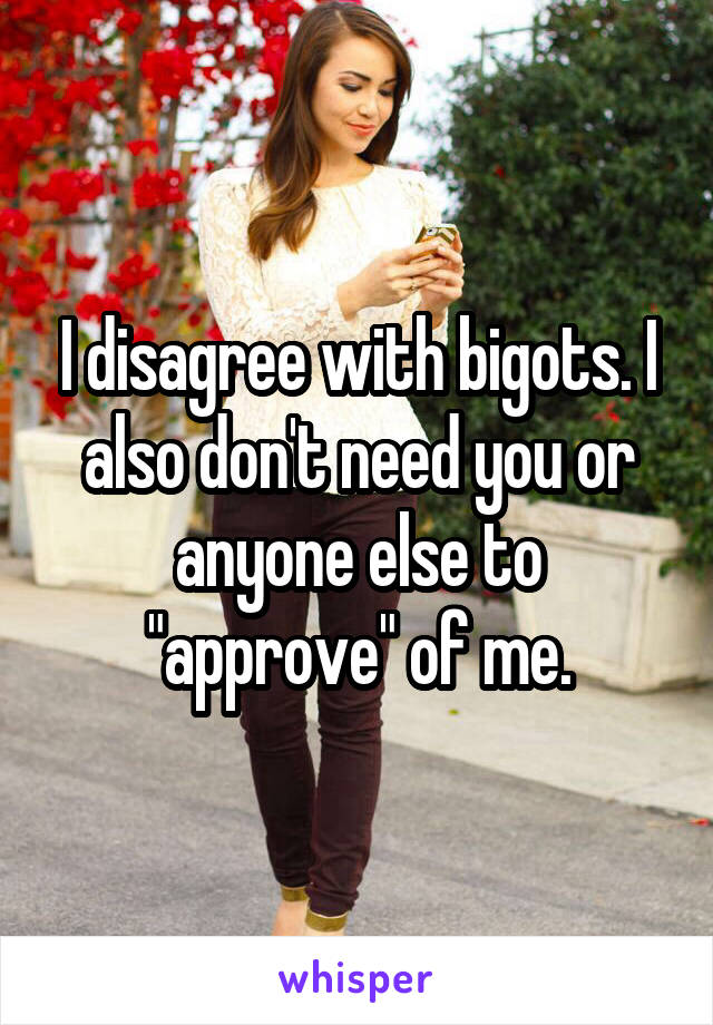 I disagree with bigots. I also don't need you or anyone else to "approve" of me.