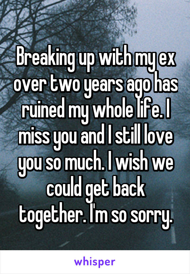 Breaking up with my ex over two years ago has ruined my whole life. I miss you and I still love you so much. I wish we could get back together. I'm so sorry.